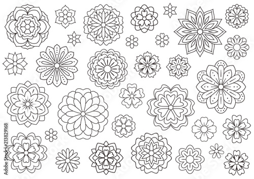 Fototapeta Naklejka Na Ścianę i Meble -  Outline doodle flowers for adult coloring book. Beautiful floral background for color artwork. Monochrome zentangle backdrop, summer flower drawing. Colouring line illustration.