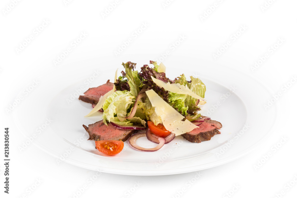meat salad with roast beef, vegetables and cheese on white background, isolated meat salad with roast beef, vegetables and cheese on white background, isolated
