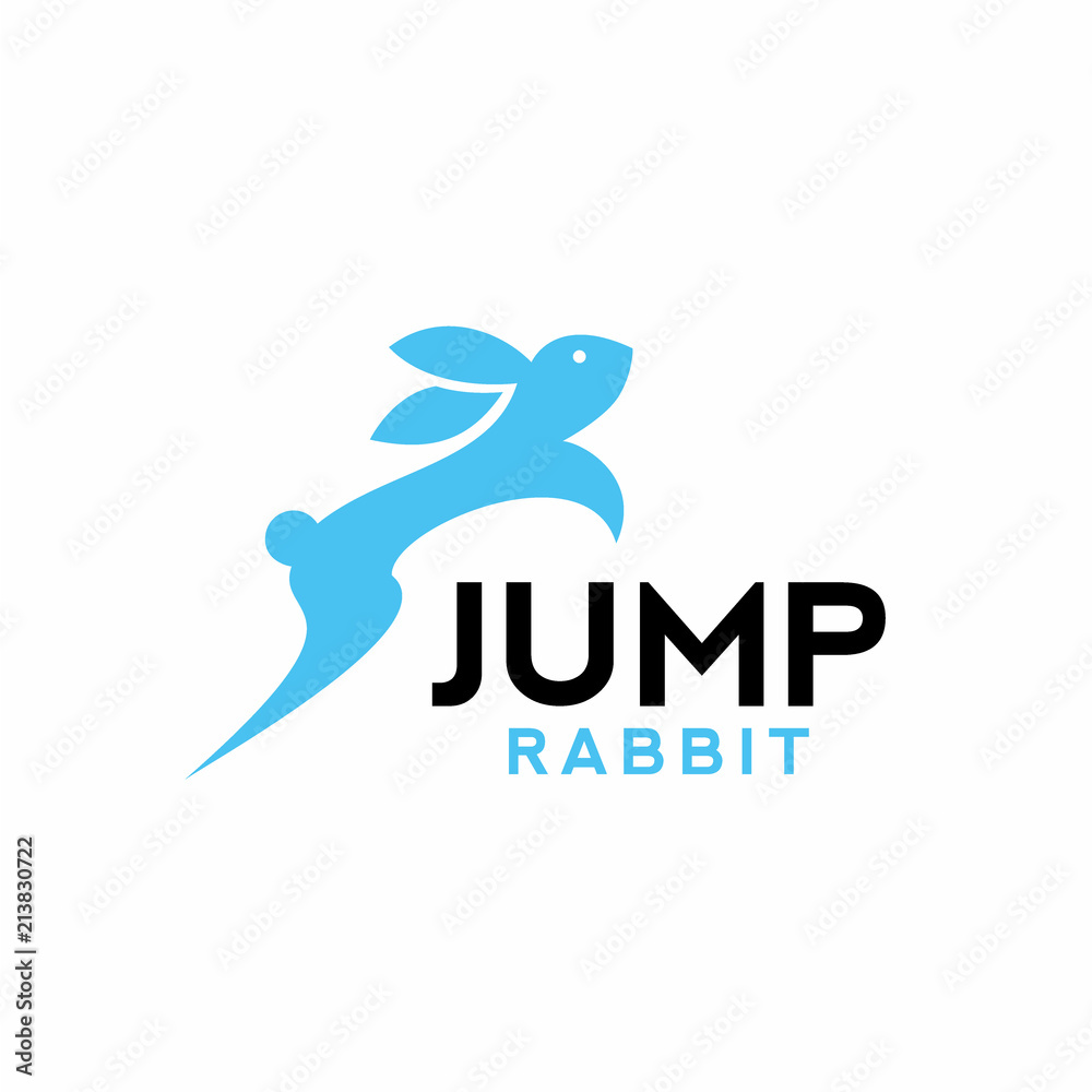 Fototapeta premium Jumping Blue Rabbit, Cute Easter Bunny Running Fast logo design 