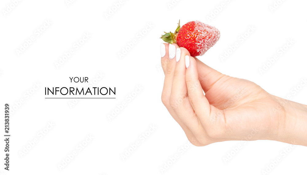 Obraz premium Strawberries in sugar in a hand pattern on a white background isolation