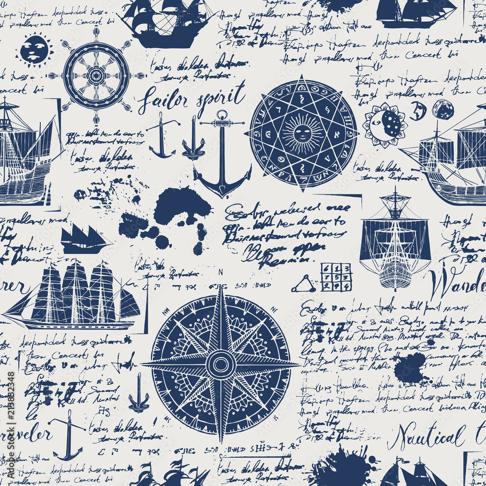 Fototapeta Vector abstract seamless background on the theme of travel, adventure and discovery. Old manuscript with caravels, wind rose, anchors and other nautical symbols with blots and stains in vintage style