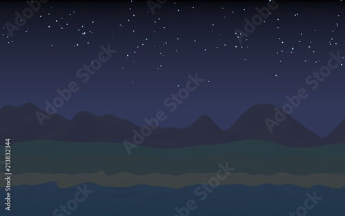 Starry moonless sky. Ocean shore line with waves on a beach. Island beach paradise with waves. Vacation, summer, relaxation. Seascape, seashore. Minimalist landscape, primitivism. 3D illustration © Plastic man