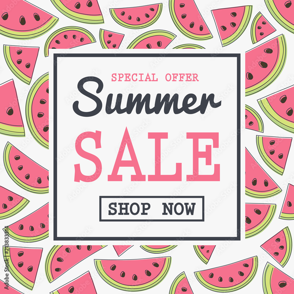 Summer Sale - poster with hand drawn watermelons. Vector.