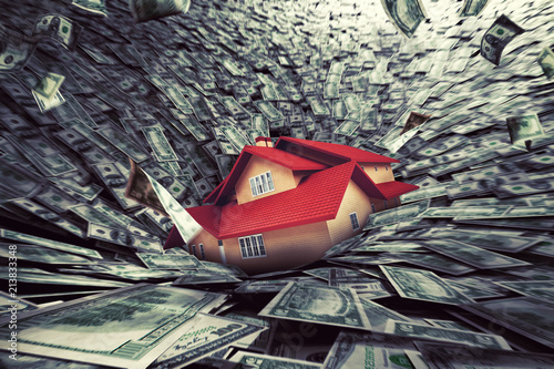 Slika na platnu Real estate market crisis with a house sucked into debt