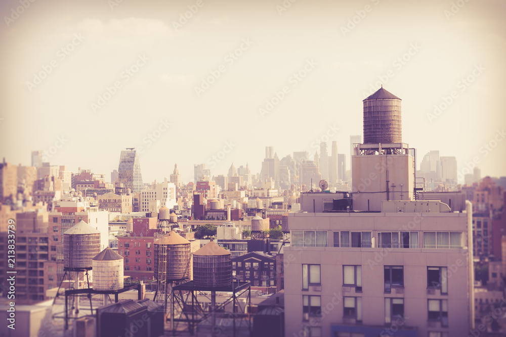 New York City Manhattan cityscape of buildings with vintage retro tone filter