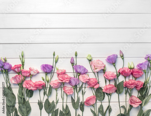 Beautiful pink an violet purple eustoma flowers on white wooden background. Copy space, top view,