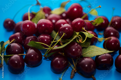 Close-up of a group of ripe fresh cherries on a blue background photo