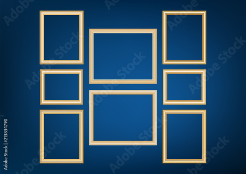 Set of decorative frame picture with gold border, Vector design on blue background with copy space in premium concept.