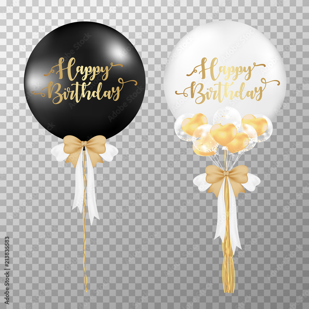 Birthday balloons on transparent background. Realistic black and white