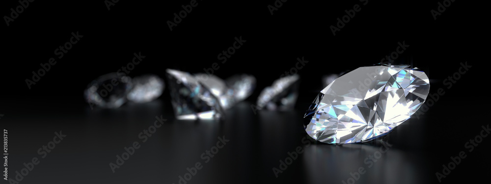 Realistic diamonds on black background 3D illustration