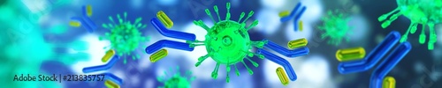 Antibodies and virus close-up. Immunity against the virus.
3D rendering photo