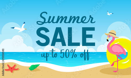 Summer sale banner vector illustration. Flamingo on the beach. Timeshare Vacation Promotions. 