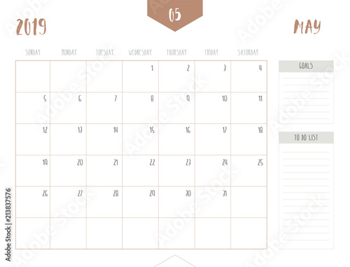 Vector of calendar 2019 ( May ) in simple clean table style with goals and to do list box; full size 21 x 16 cm; Week start on Sunday. photo