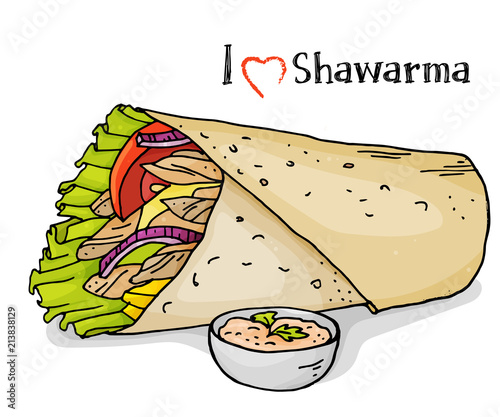 Delicious kebab on a white background. Arabic cuisine. Street food series. Great for market, restaurant, cafe, food label design. Colorful vector illustration in sketch style.