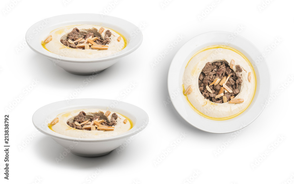Chickpeas with spiced meat Lebanese Hummus, Set of Hummus with meat, Clipping Path Included. Chickpeas with spiced meat Lebanese Hummus, Set of Hummus with meat, Clipping Path Included.