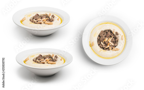 Chickpeas with spiced meat Lebanese Hummus, Set of Hummus with meat, Clipping Path Included. © Ramzi