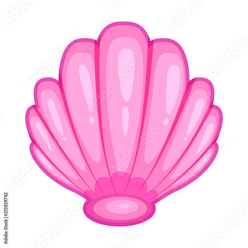 Cute bright pink cartoon seashell icon. Colorful shellfish symbol isolated on white background. Cartoon style. Vector illustration.