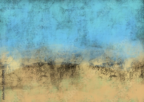 grunge hand painted art background with rough texture blues and gold with black touches