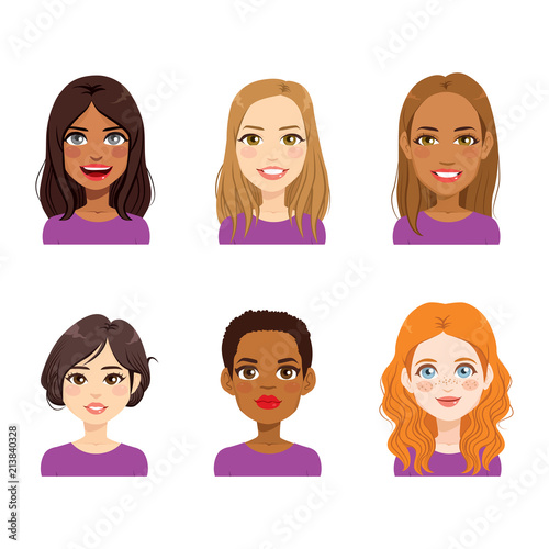 Set collection of beautiful diverse woman face avatar portrait