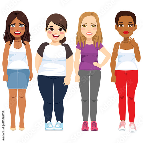Four beautiful diverse standing woman with different casual fashion style clothes and poses
