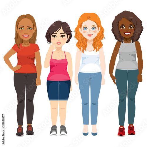 Diverse international and multiracial group of standing happy woman