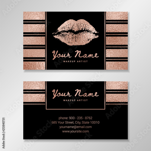 Vector business card template with striped background, geometric frames, lip imprint, rose gold texture.