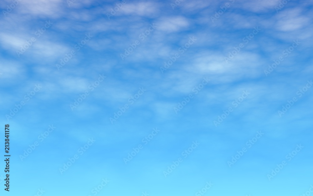 The bright sky in the morning. Blue sky background with white clouds. Cumulus white clouds in the clear blue sky. 3D illustration