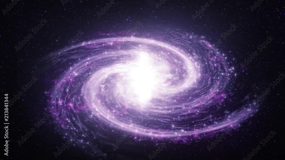 A spiral galaxy in the dark and starry sky. The camera slowly approaches the galaxy that has a purple hue. A spiral galaxy in the dark and starry sky. The camera slowly approaches the galaxy that has a purple hue.