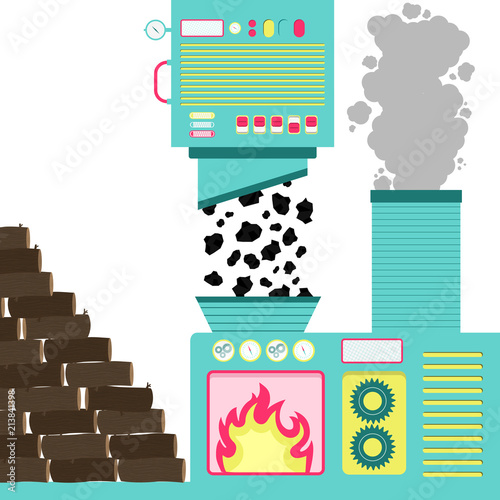 Wood incineration plant. Machines with furnace incinerating coal. Wooden trunks turned into charcoal. Smoke from the burning coming out of the chimney.