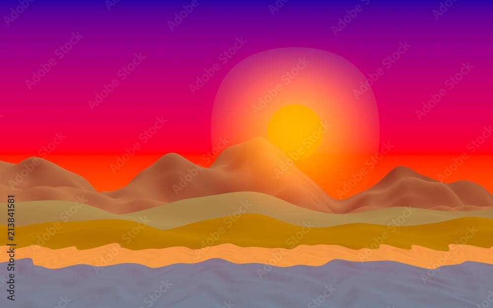Fototapeta premium Sun Sea Beach. Sunrise. Ocean shore line with waves on a beach. Island beach paradise with waves. Vacation, summer, relaxation. Seascape, seashore. Minimalist landscape, primitivism. 3D illustration