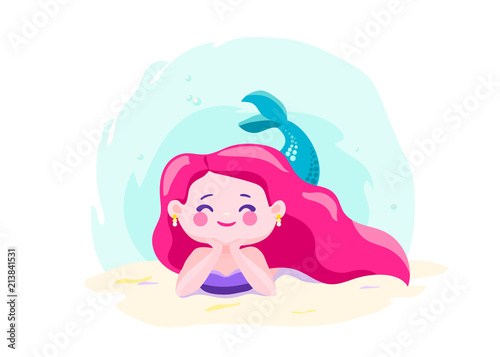Little cute mermaid lie on the seabed underwater. Character cool design. Sea ocean theme. Vector illustration
