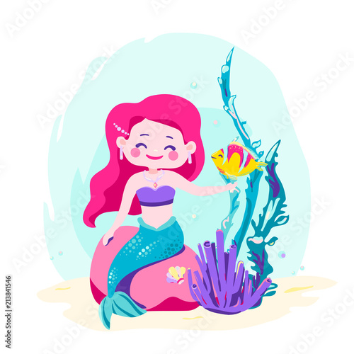 Little cute mermaid sitting on a rock. Siren with fish, coral, shellfish, seaweed. Sea theme