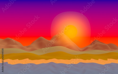Sun Sea Beach. Sunrise. Ocean shore line with waves on a beach. Island beach paradise with waves. Vacation  summer  relaxation. Seascape  seashore. Minimalist landscape  primitivism. 3D illustration