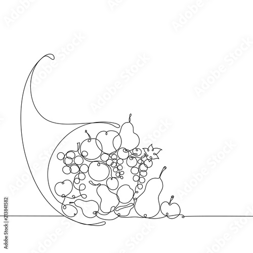 Harvesting, cornucopia. Drawing by a continuous line.  Autumn.