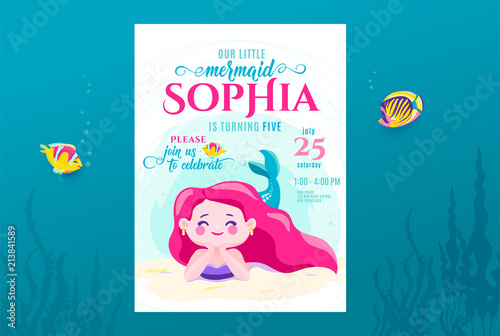 Mermaid birthday cute invite card design for little princess. Kids party anniversary. Sea underwater invitation