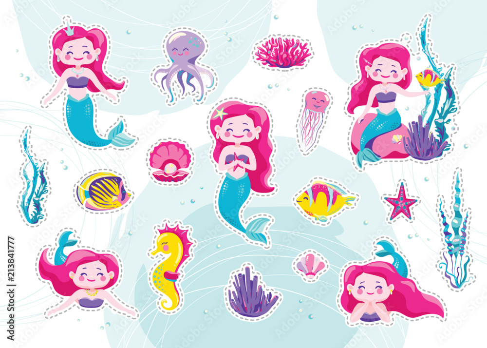 Fototapeta premium Mermaid cute stickers, cartoon little princess patch. Vector illustration. Fun sea character design isolated on white background