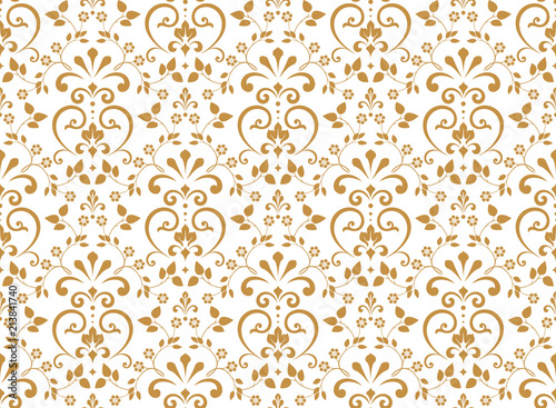 Wallpaper in the style of Baroque. Seamless vector background. White and gold floral ornament. Graphic pattern for fabric, wallpaper, packaging. Ornate Damask flower ornament