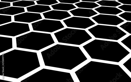 White honeycomb on a black background. Perspective view on polygon look like honeycomb. Isometric geometry. 3D illustration