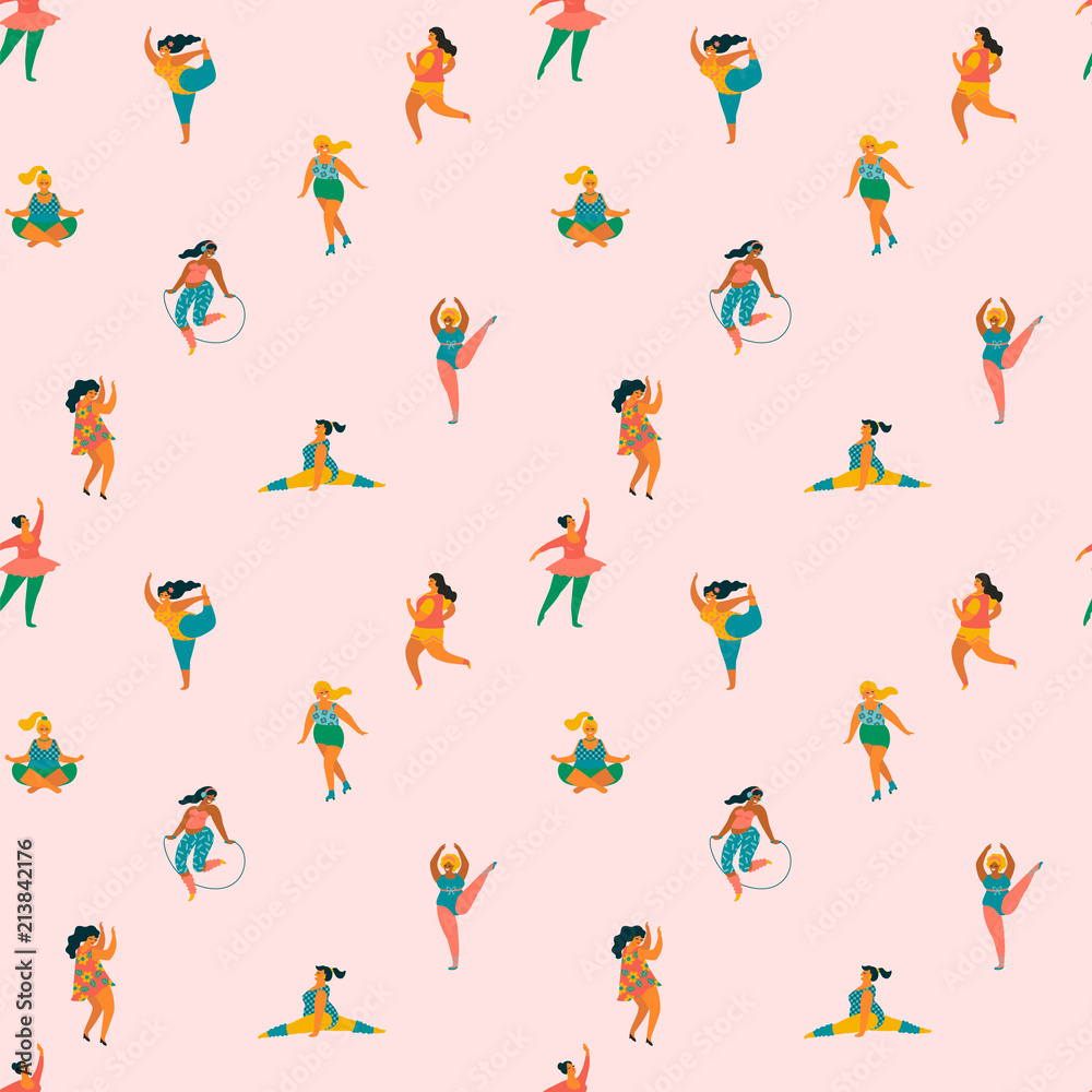 Happy plus size girls and active lifestyle. Vector seamless pattern. Happy plus size girls and active lifestyle. Vector seamless pattern.