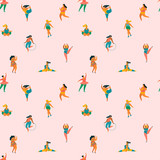 Happy plus size girls and active lifestyle. Vector seamless pattern.