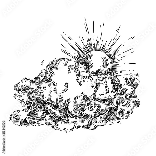 Sun shines from behind the clouds. Engraving style. Vector illustration.