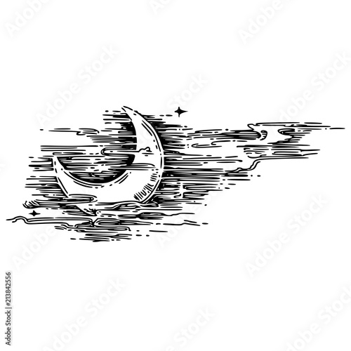 Moon shines through the clouds. Engraving style. Vector illustration.