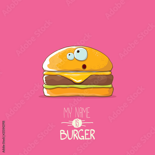 vector cartoon tiny burger character with cheese, meat and salad icon isolated on pink background. my name is burger vector concept illustration
