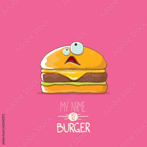 vector cartoon tiny burger character with cheese, meat and salad icon isolated on pink background. my name is burger vector concept illustration