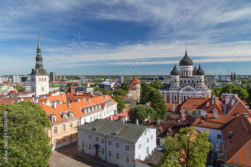 St. Nicholas' Church, St. Alexander Nevsky Cathedral and other buildings at the Old Town in Tallinn, Estonia, viewed from above on a sunny day in the summer.