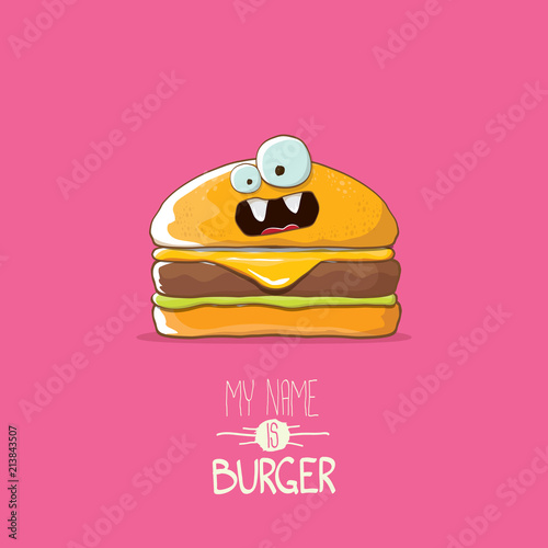 vector cartoon tiny burger character with cheese  meat and salad icon isolated on pink background. my name is burger vector concept illustration