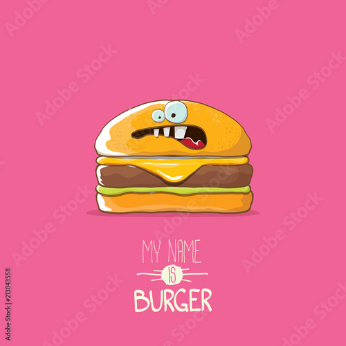 vector cartoon tiny burger character with cheese, meat and salad icon isolated on pink background. my name is burger vector concept illustration