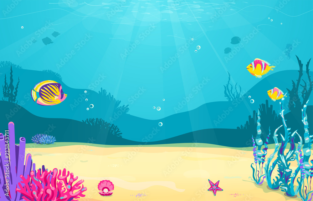 Underwater cartoon background with fish, sand, seaweed, pearl, jellyfish,  coral, starfish. Ocean sea life, cute design Stock Vector | Adobe Stock