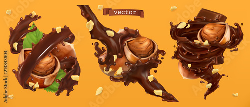 Hazelnuts and chocolate splashes. 3d realistic vector
