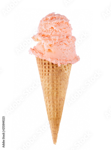 Peach ice cream scoop with cone isolated on white background